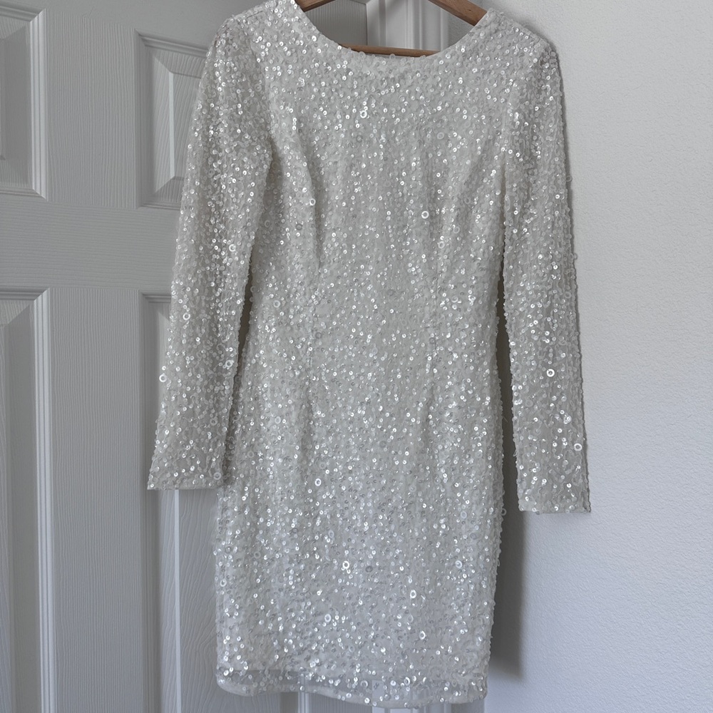 Adrianna Papell White Sequin Long Sleeve Dress
